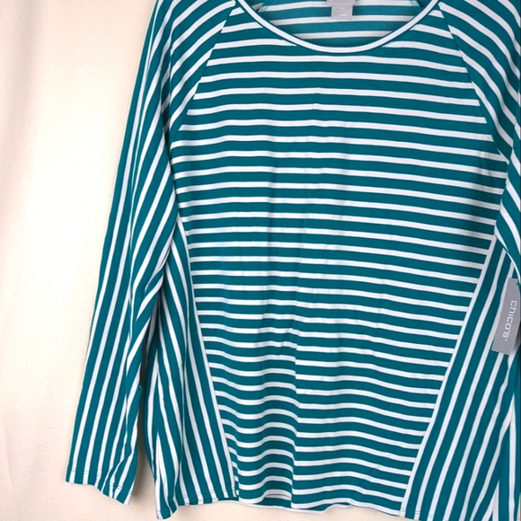 Chicos 2 (US Size L) White & Green Striped Top Women's Shirt Long Sleeve - Picture 5 of 12